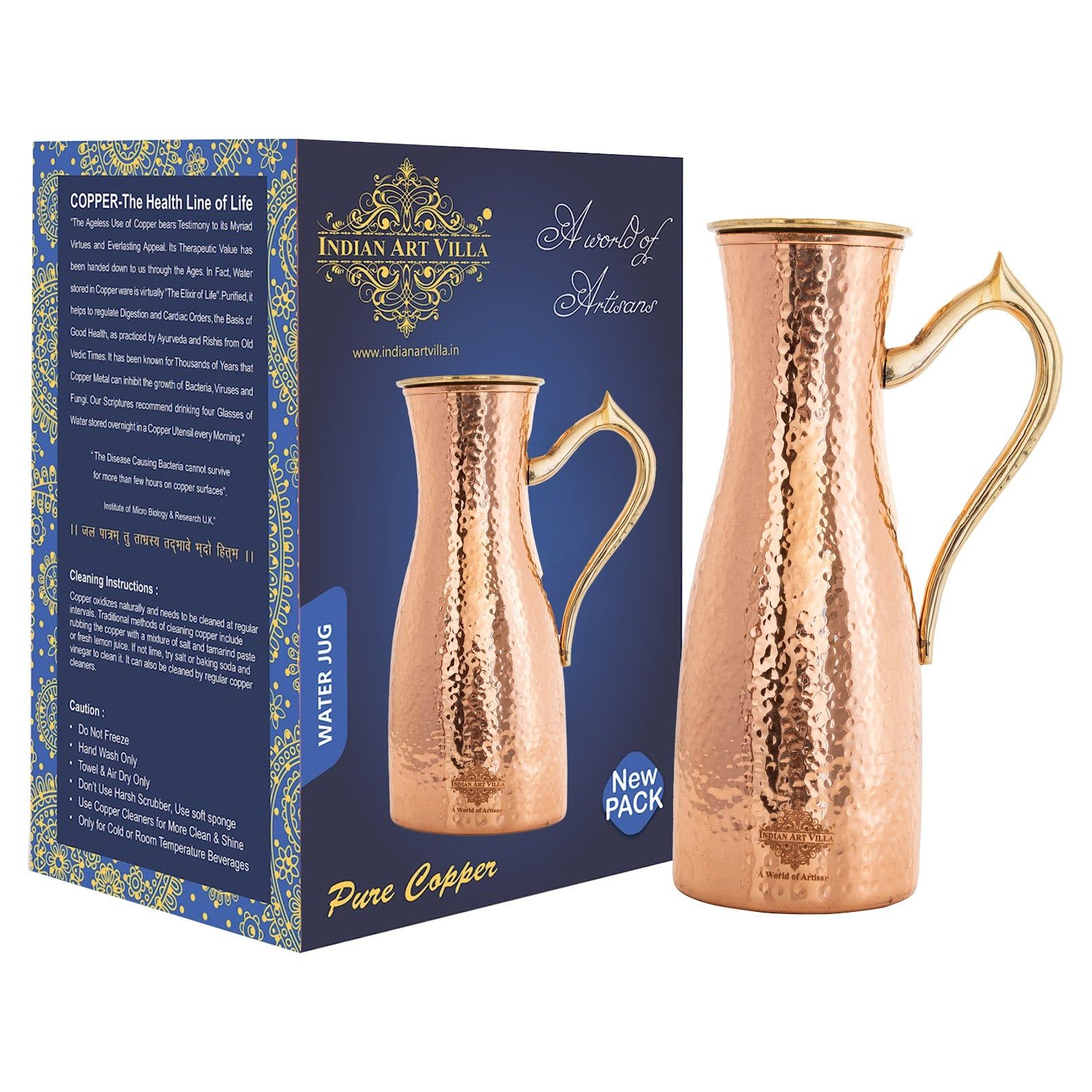 Copper jug with hammered curve design, brass handle & lid –, 1400 ML